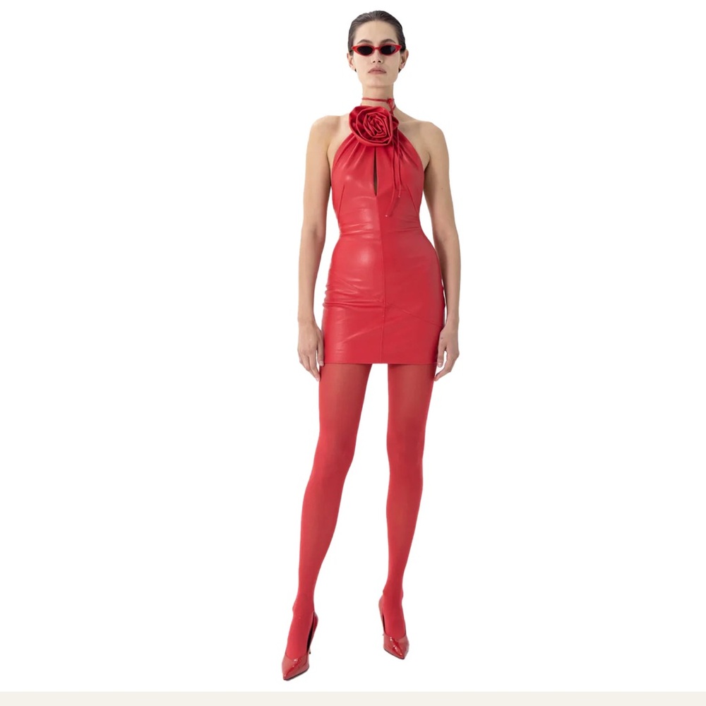 Ronny Kobo Collection Red Halter Mini Dress with Rose Detail